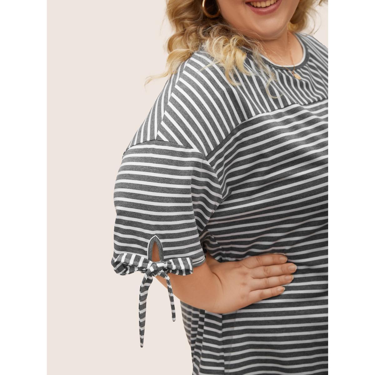 Plus Size Striped Boat Neck Tie Knot T-shirt DimGray Women Casual Tie knot Boat Neck Everyday T-shirts BloomChic 28/5X Product Image