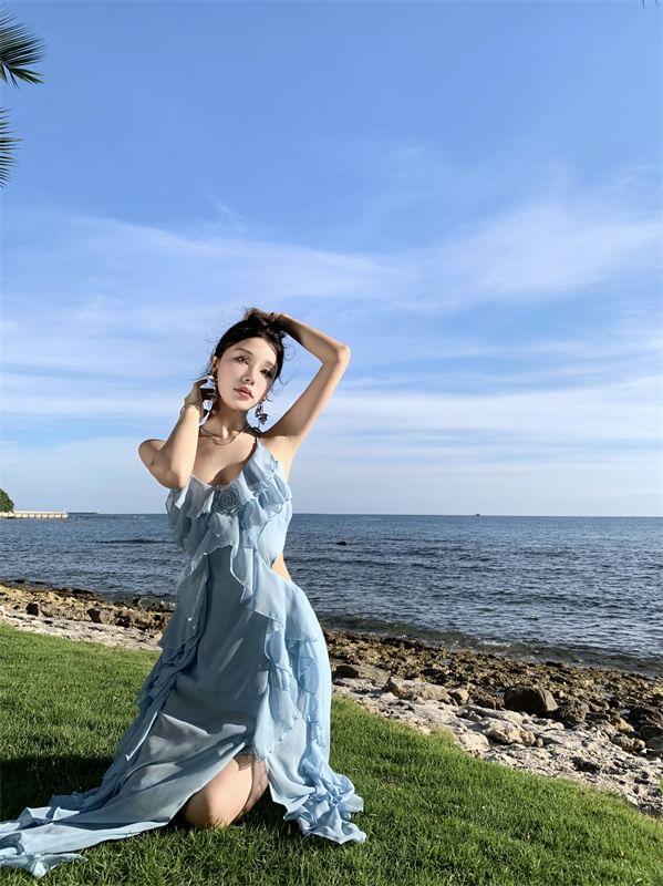 Halter Neck Plain Ruffle Trim Cutout Maxi Sun Dress Product Image