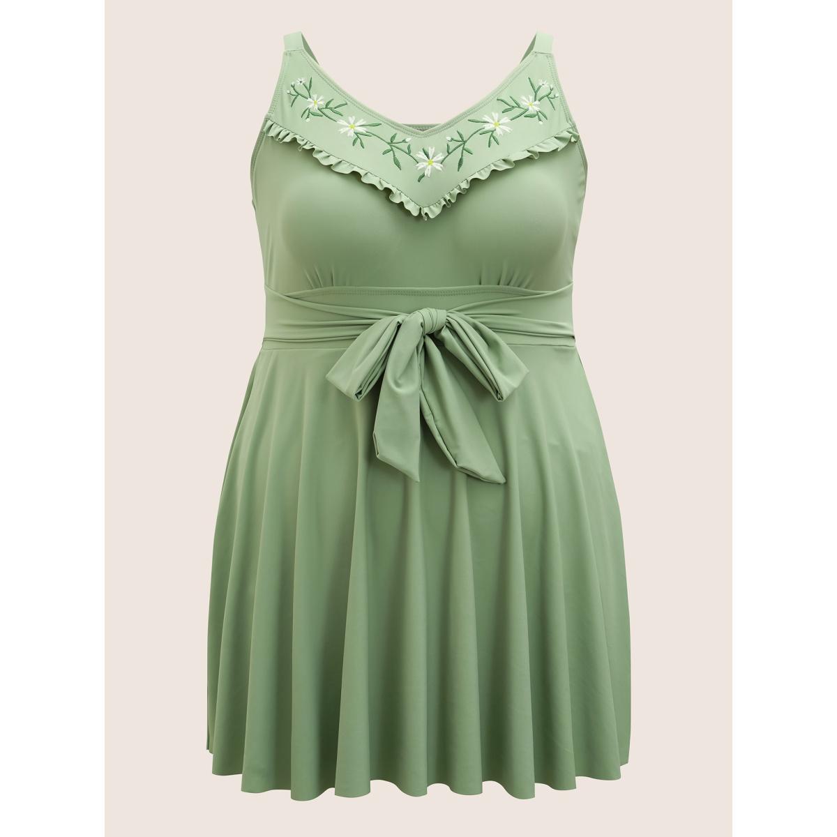 Plus Size Floral Embroidered Frill Trim Tie knot Swim Dress Women's Swimwear Palemauve Beach Bodycon Heart neckline High stretch Curve Swim Dresses BloomChic 30/6X Product Image
