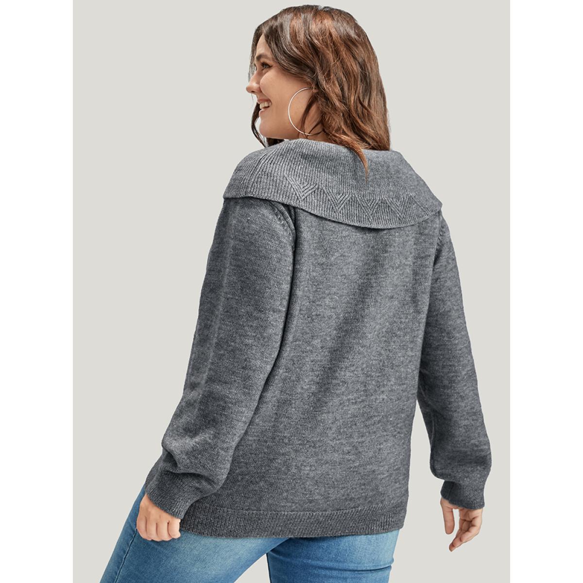Plus Size Solid Pointelle Knit Foldover Off Shoulder Knit Top Gray Women Elegant Long Sleeve One-shoulder neck Dailywear Pullovers BloomChic 12/L Product Image