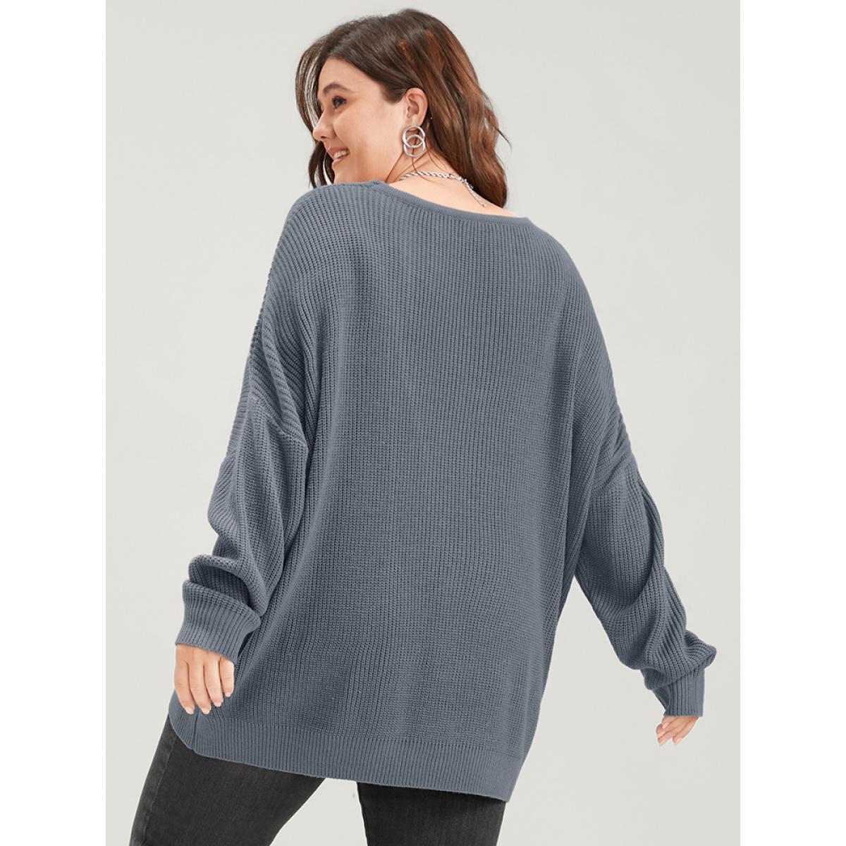 Plus Size Solid Pointelle Knit Asymmetrical Hem Eyelet Knit Top Silver Women Casual Loose Long Sleeve V-neck Dailywear Pullovers BloomChic 30/6X Product Image