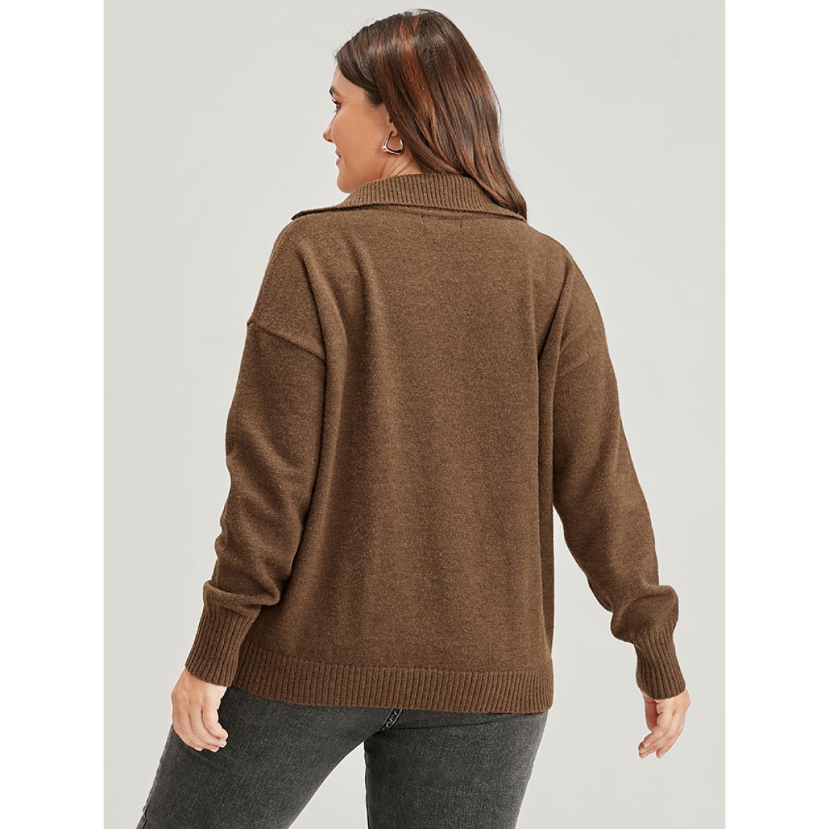 Plus Size Solid Super Soft Plush Knit Lace Up Knit Top Bronze Women Casual Loose Long Sleeve Lapel Collar Dailywear Pullovers BloomChic 26/4X Product Image