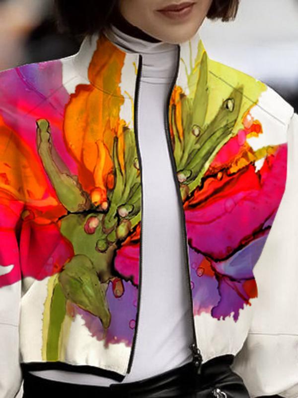 Loose Puff Sleeves Asymmetric Floral Printed Split-Joint High Neck Outerwear Product Image
