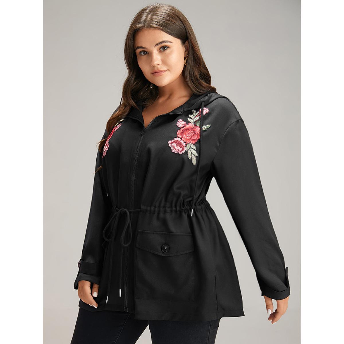 Plus Size Floral Embroidered Elastic Waist Hooded Drawstring Coat Women Black Zipper Pocket Dailywear Jackets BloomChic 30/6X Product Image