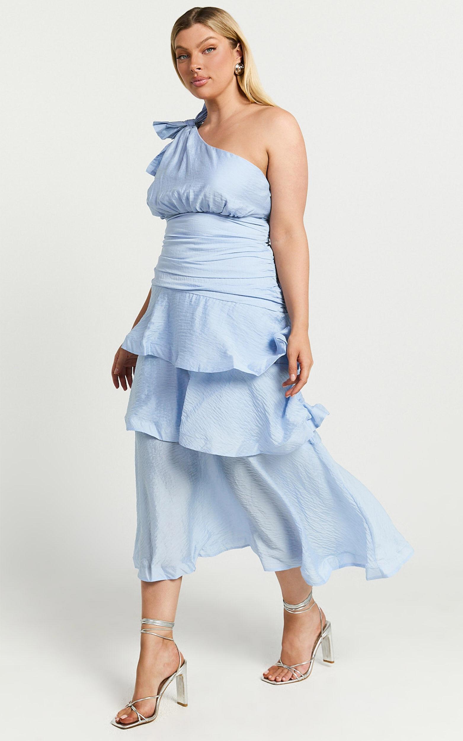 Eugenia Midi Dress - One Shoulder Fit and Flare Layered Dress in Pale Blue Product Image