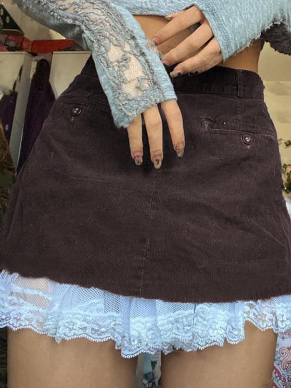 Vintage Brown Lace Splice Hem High Waist Mini Skirt Product Image