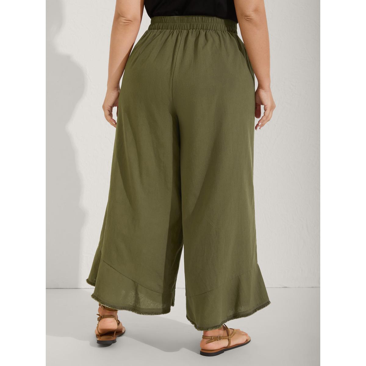 Plus Size Stretchy Waist Frayed Hem Wide-Leg Pants Women ArmyGreen Resort Wide Leg Mid Rise Vacation Pants BloomChic 10/M Product Image