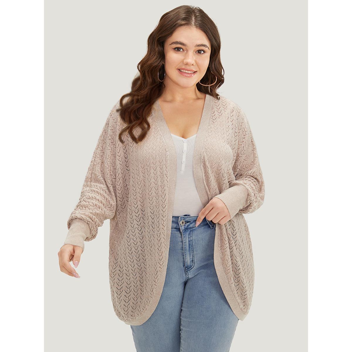 Plus Size Solid Hollow Out Open Front Arc Hem Cardigan LightBrown Women Casual Loose Long Sleeve Everyday Cardigans BloomChic 14-16/1X Product Image