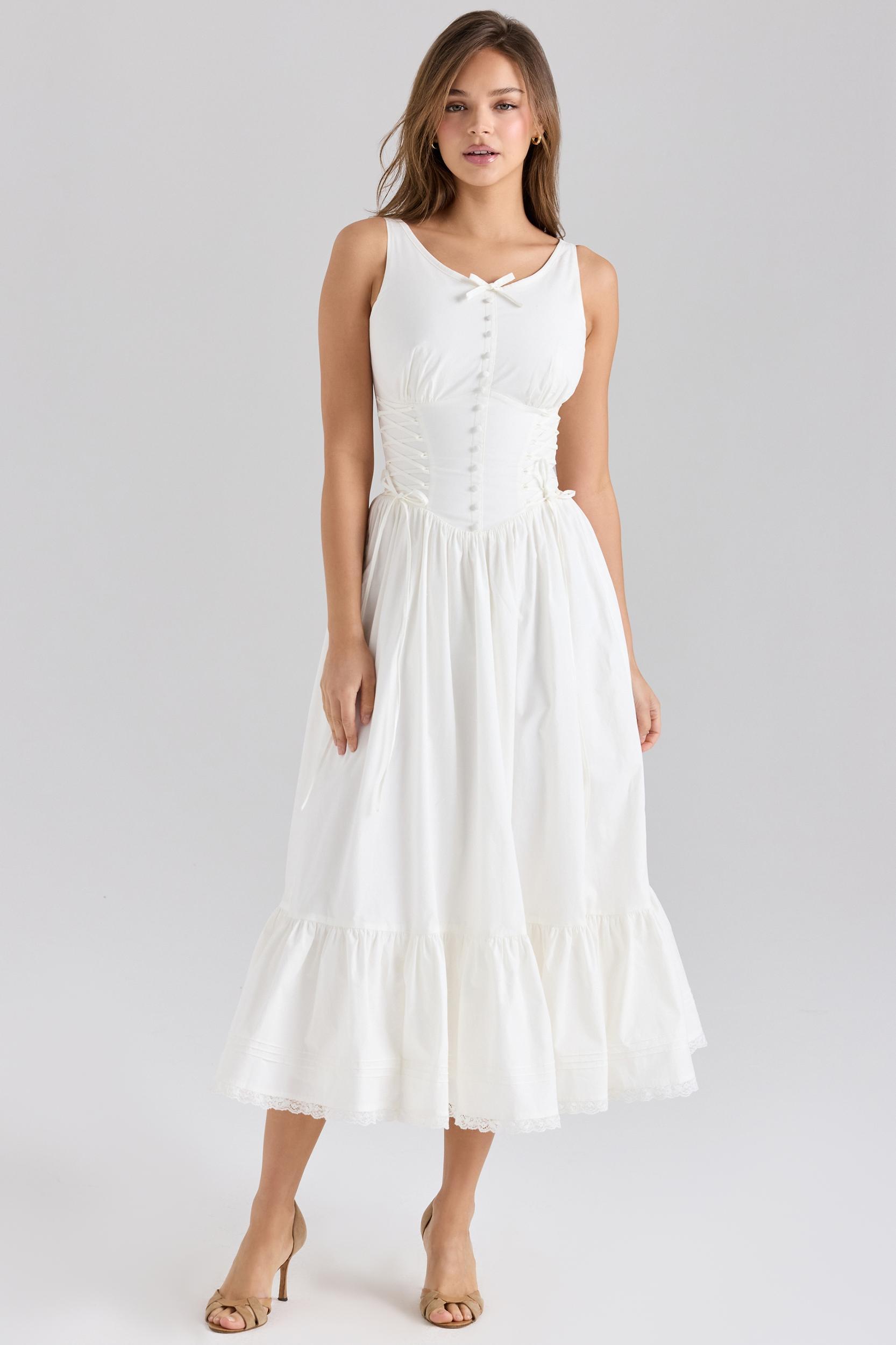 Sienna  white stretch cotton lace up midi dress Product Image