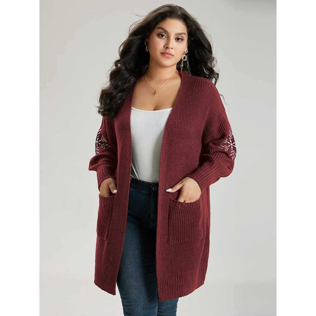 Plus Size Snowflake Embroidered Patched Pocket Cardigan Scarlet Women Casual Loose Long Sleeve Festival-Christmas Cardigans BloomChic 22-24/3X Product Image