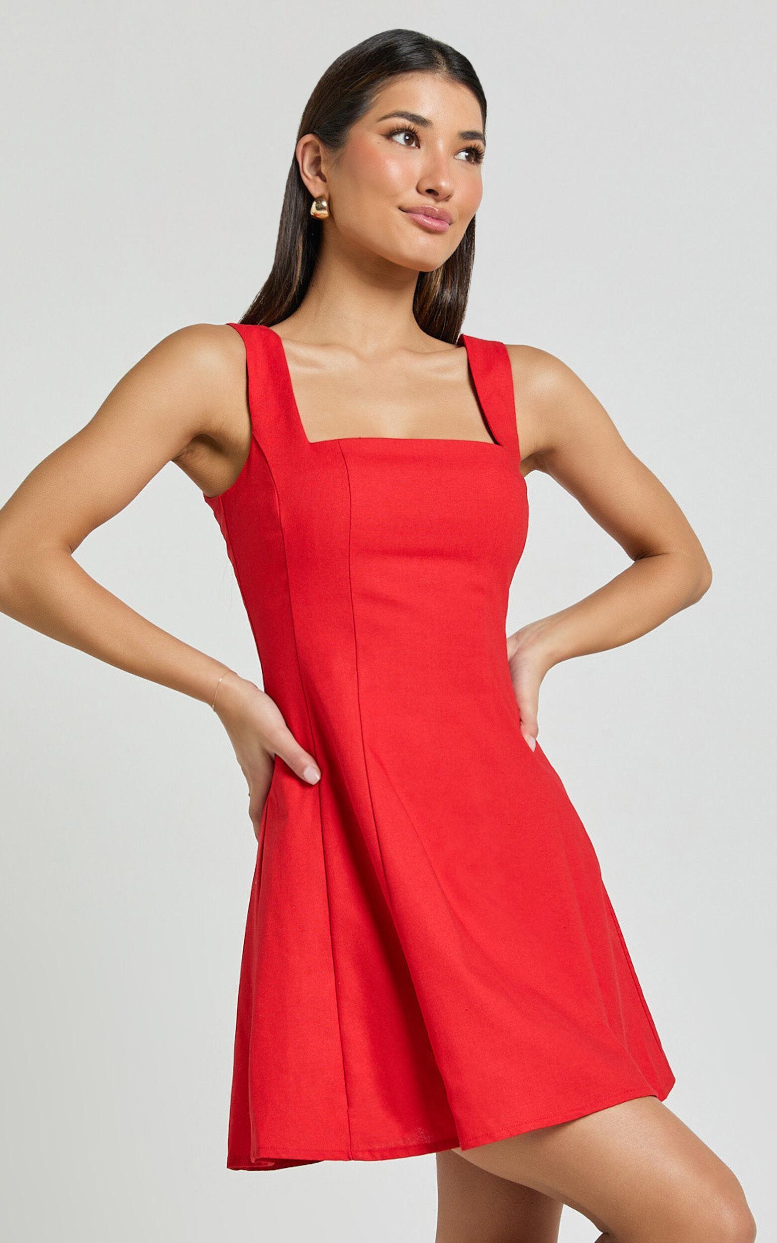 Adiana Mini Dress - Linen Square Neck Shirred Back A Line Dress in Red Product Image