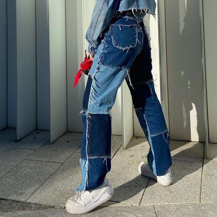 High-Waist Fray-Trim Color-Block Straight Leg Jeans Product Image