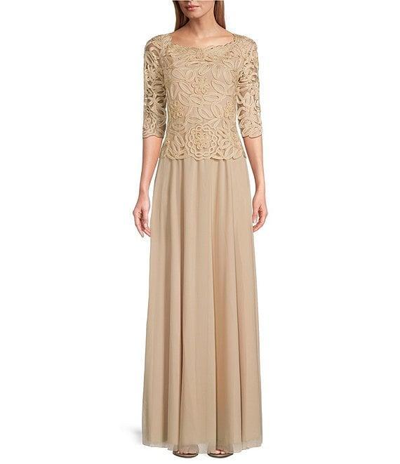 Soulmates Embroidered Floral Lace Bodice 3/4 Sleeve Square Neck Gown Product Image