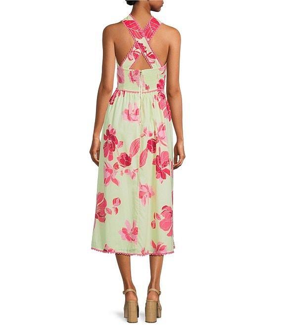 J.Marie Alara Floral Print Halter Sleeveless Scallop Trim Midi Dress Product Image