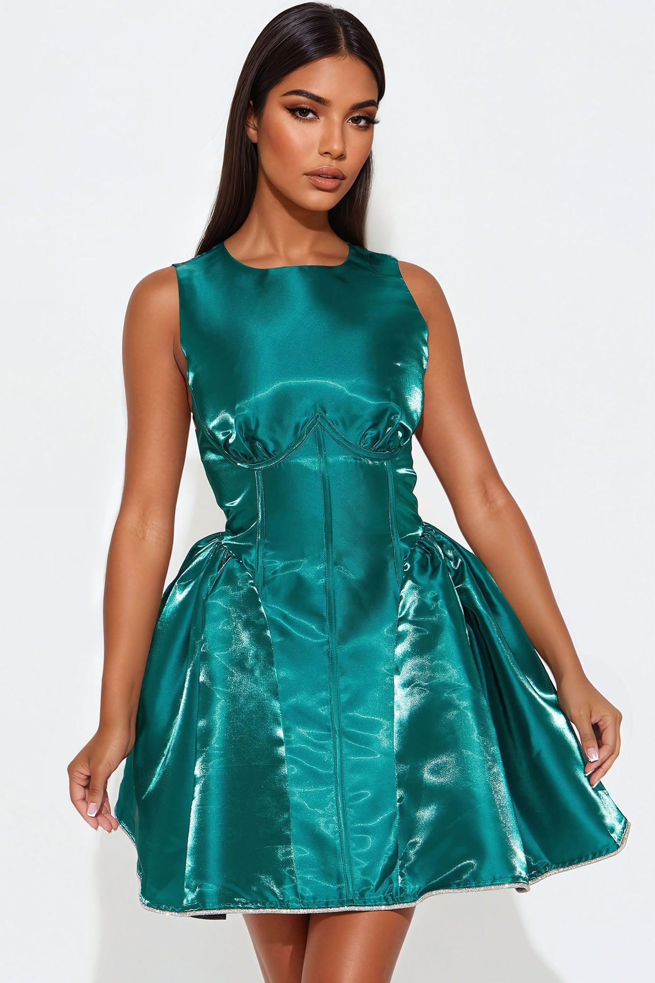 Born To Enchant Taffeta Mini Dress - Hunter Product Image