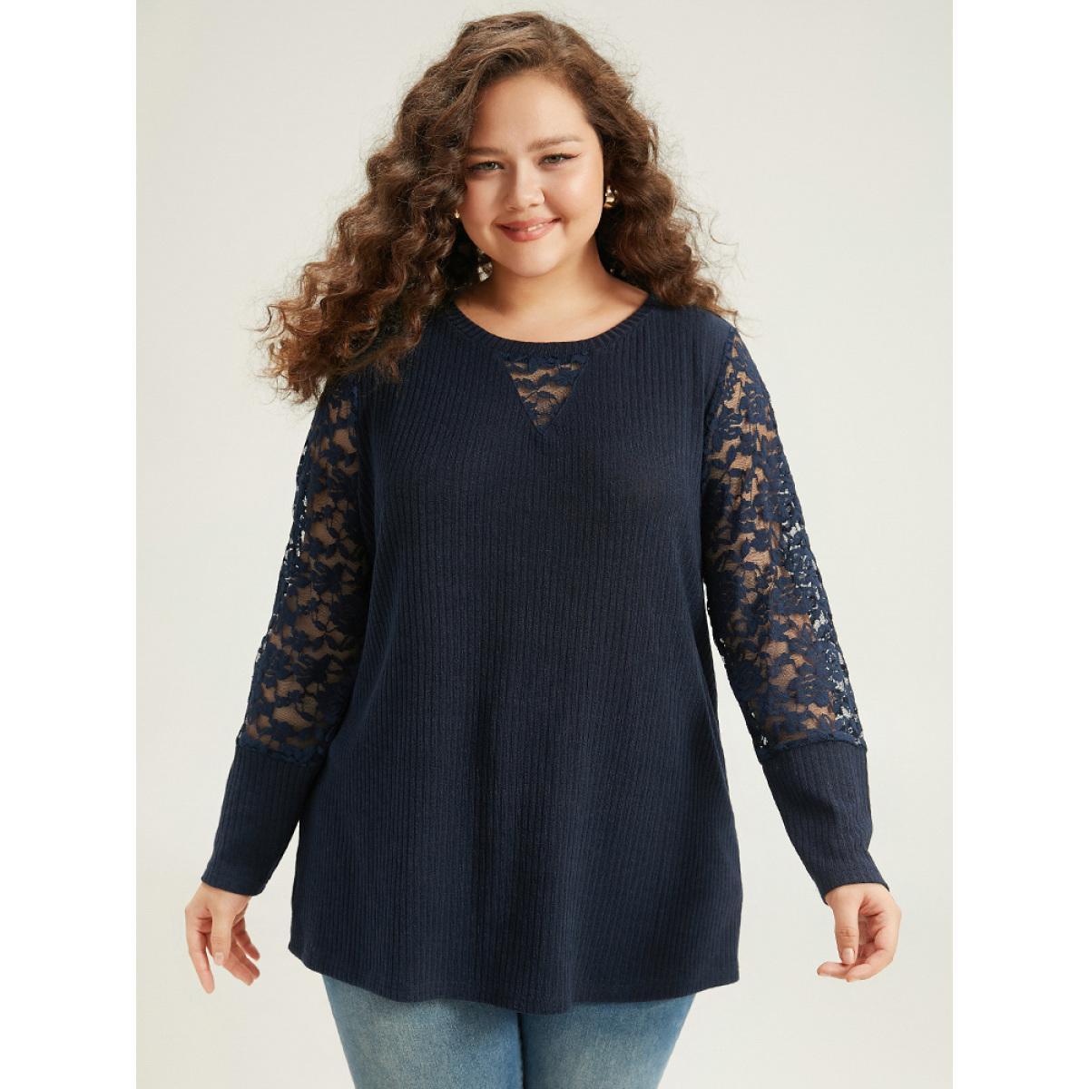 Plus Size Crochet Lace Mesh Crew Neck Sweatshirt Indigo Women Elegant Plain Plain Round Neck Dailywear T-shirts BloomChic 26/4X Product Image