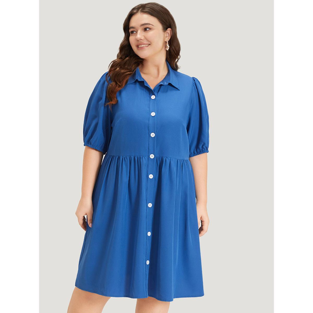 Plus Size Plain Shirt Collar Button Through Gathered Lantern Sleeve Dress Blue Women Elegant Elastic cuffs Shirt collar Half Sleeve Curvy Knee Dress BloomChic 30/6X Product Image