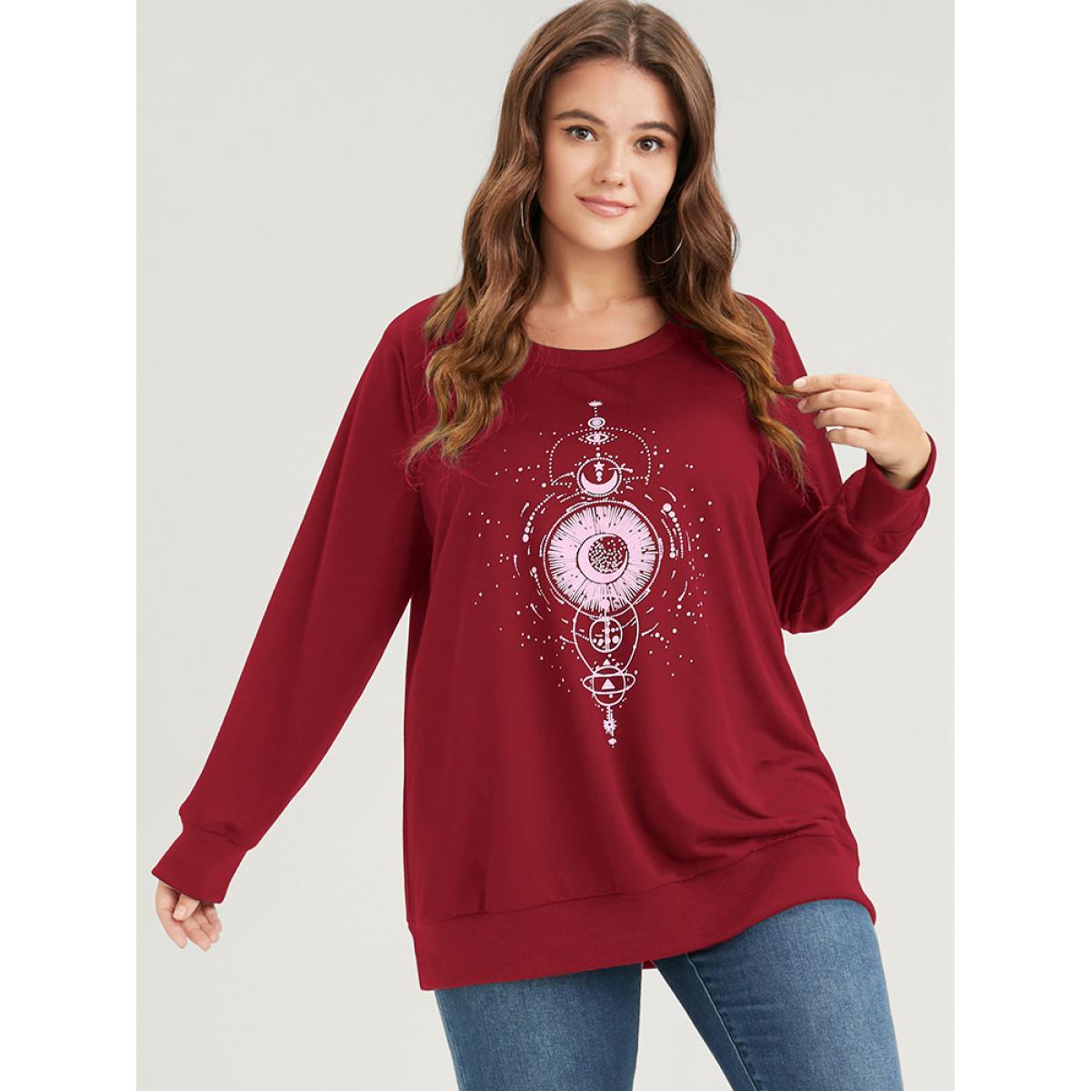 Plus Size Star Print Round Neck Drop Shoulder Sweatshirt Women Burgundy Casual Printed Round Neck Dailywear Sweatshirts BloomChic 10/M Product Image