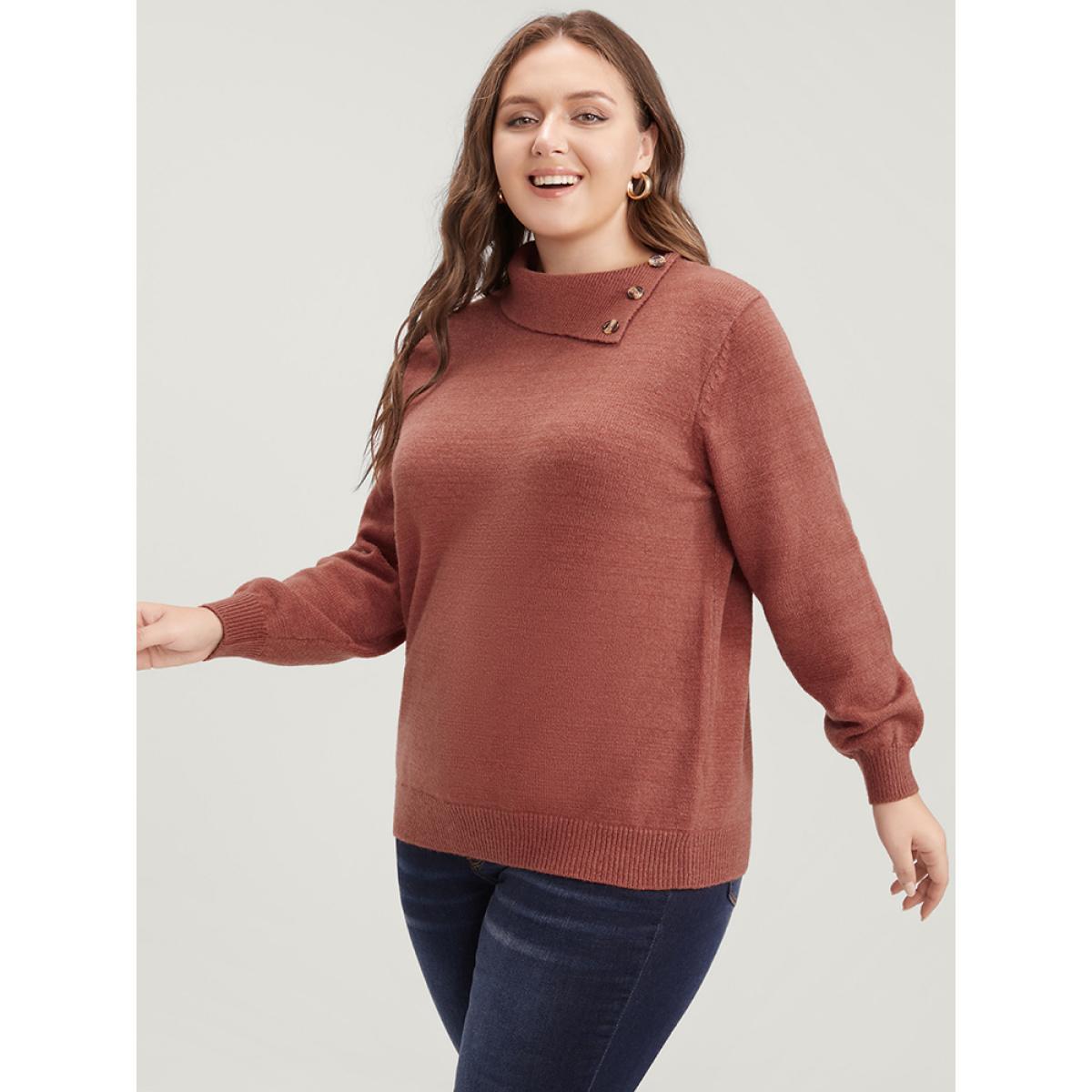 Plus Size Solid Super Soft Plush Knit Button Detail Asymmetrical Knit Top Rust Women Casual Loose Long Sleeve Dailywear Pullovers BloomChic 30/6X Product Image