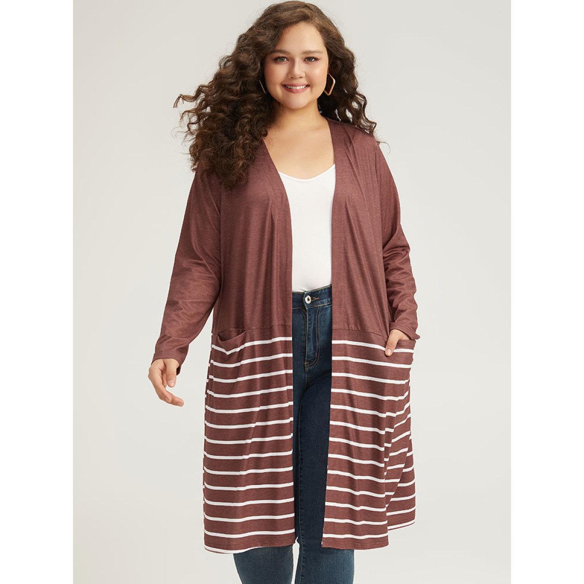 Plus Size Striped Contrast Pocket Open Front Kimono Women DarkBrown Casual Contrast Pocket Dailywear Kimonos BloomChic 30/6X Product Image