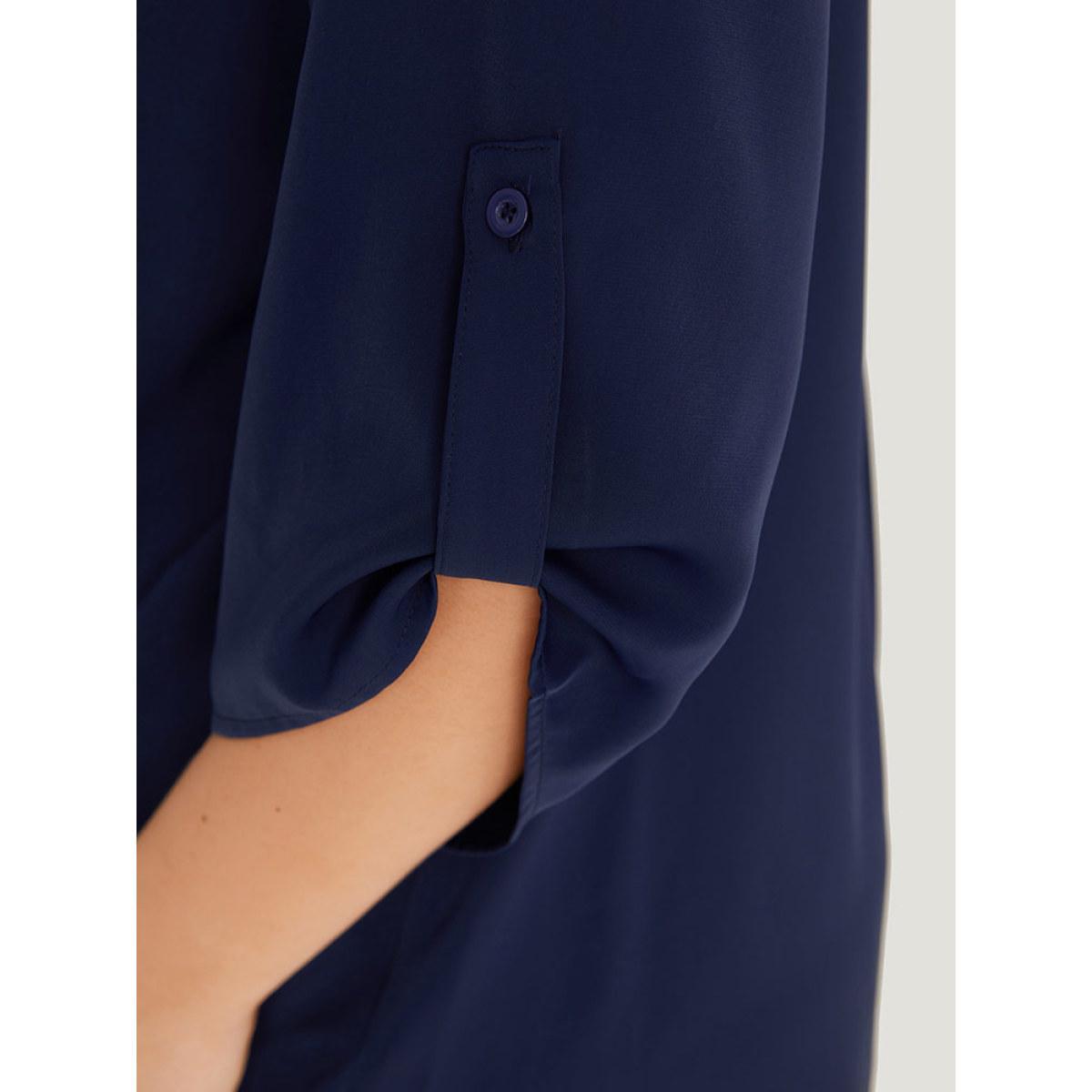 Plus Size Indigo Solid Button Up Notched Crossover Hem Blouse Women Office Elbow-length sleeve Notched collar Work Blouses BloomChic 30/6X Product Image