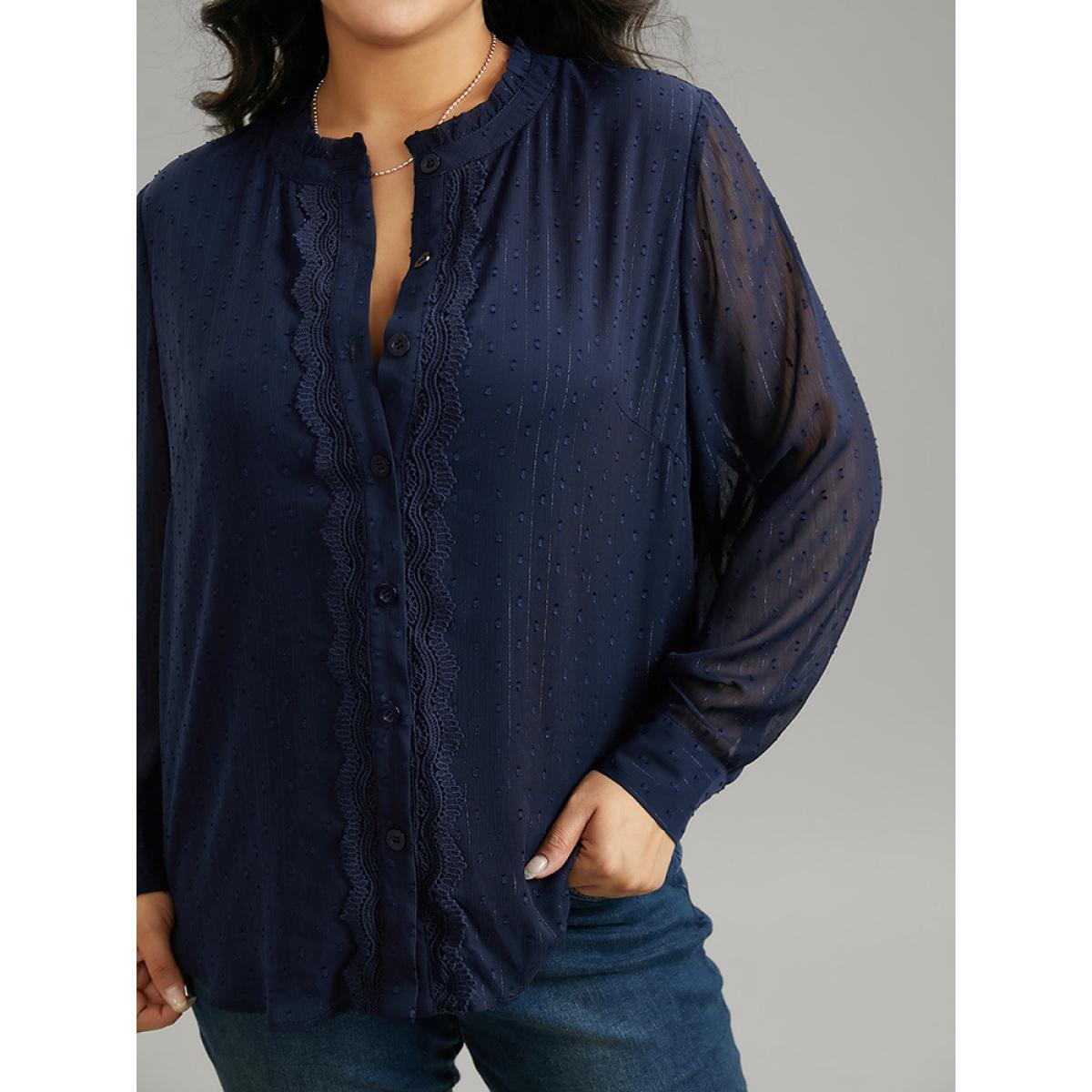 Plus Size Indigo Guipure Lace Mesh Button Through Blouse Women Elegant Long Sleeve Stand-up collar Dailywear Blouses BloomChic 28/5X Product Image