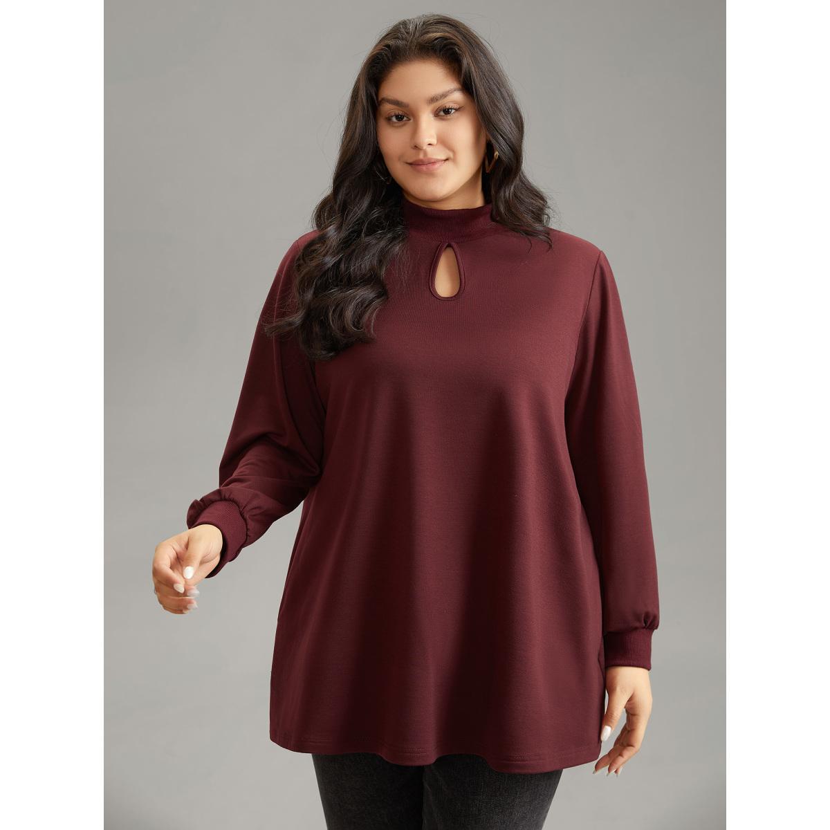 Plus Size Rib Knit Pocket Cut Out Front Sweatshirt Women Raspberry Casual Rib Knit Keyhole Cut-Out Dailywear Sweatshirts BloomChic 18-20/2X Product Image