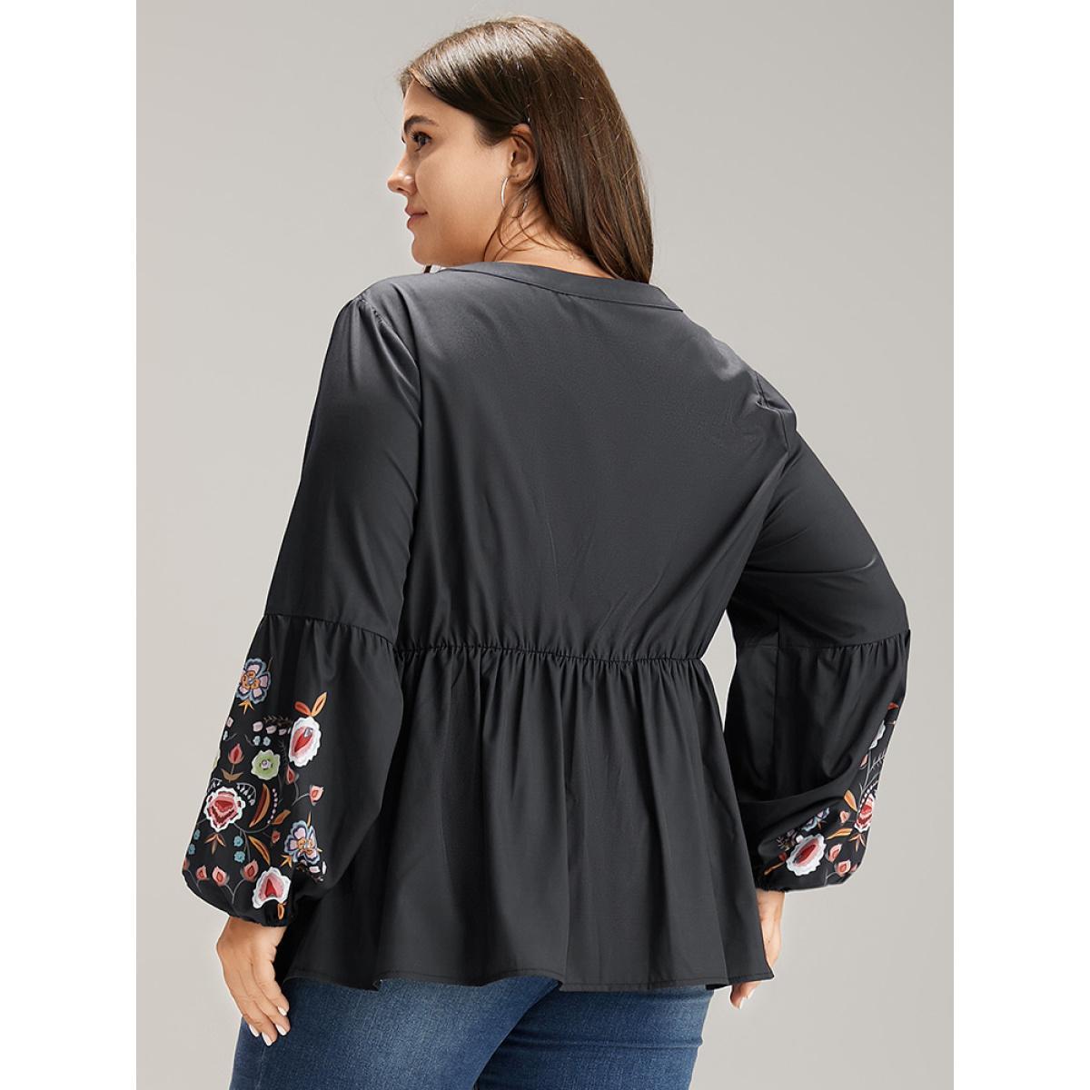 Plus Size Black Floral Print Tassels Knot Neck Lantern Sleeve Blouse Women Resort Long Sleeve Tie Neck Vacation Blouses BloomChic 30/6X Product Image