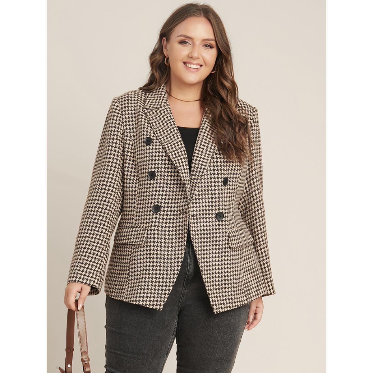 Plus Size Houndstooth Suit Collar Pocket Button Down Coat Women LightBrown Office Button Ladies Work Winter Coats BloomChic 26/4X Product Image