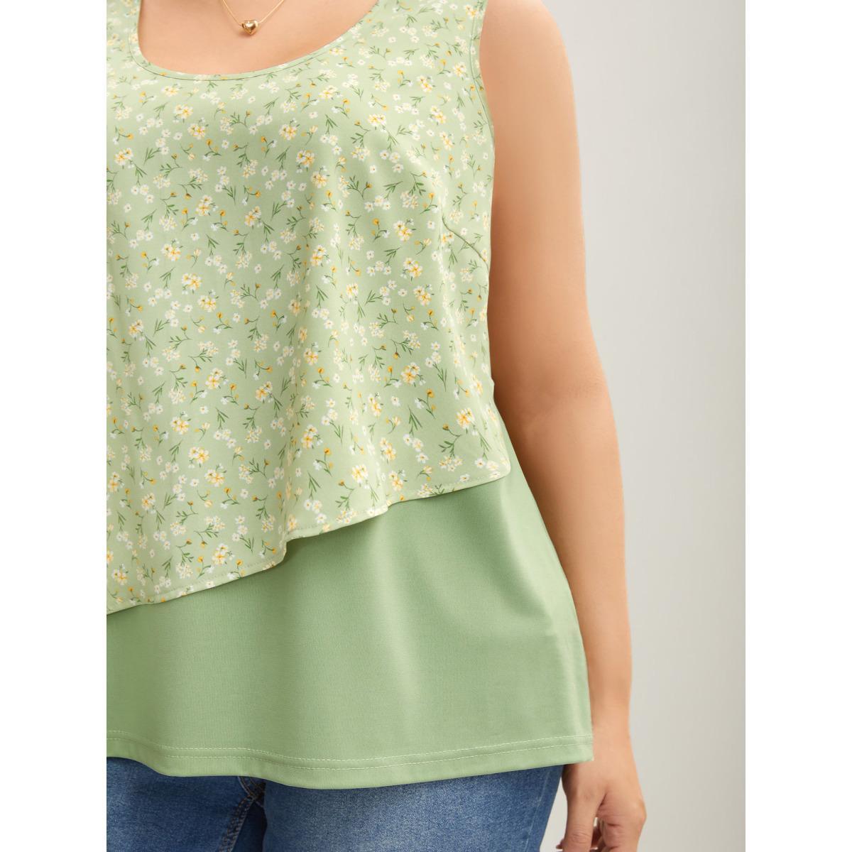 Plus Size Spring Break Printed Layered Sleeveless Top Women Greenbean Elegant Contrast U-neck Everyday Tank Tops Camis BloomChic 30/6X Product Image