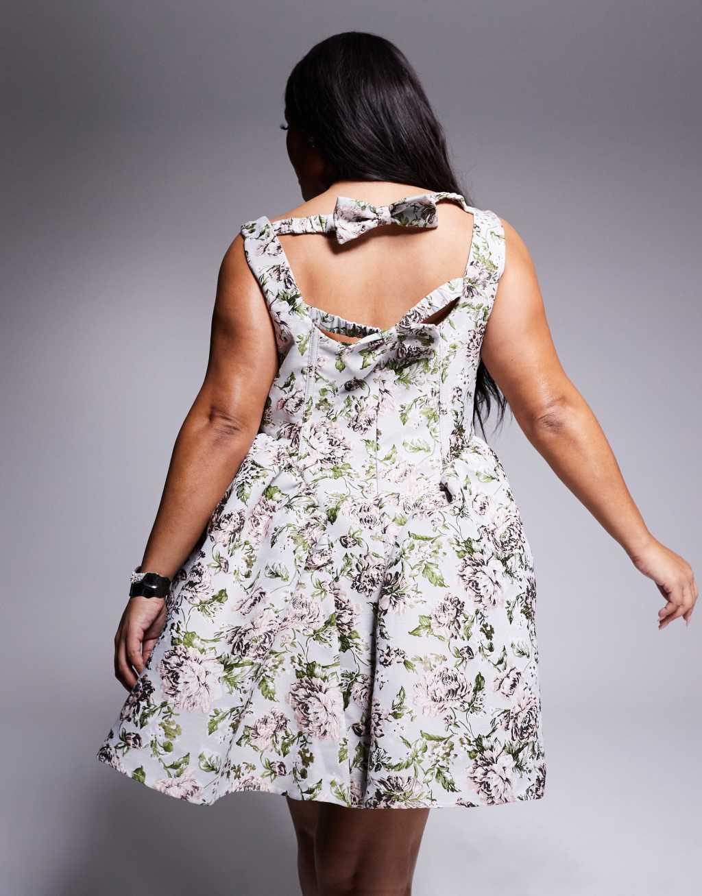 ASOS LUXE Curve jacquard cinched waist skater mini dress with bow back in vintage floral Product Image