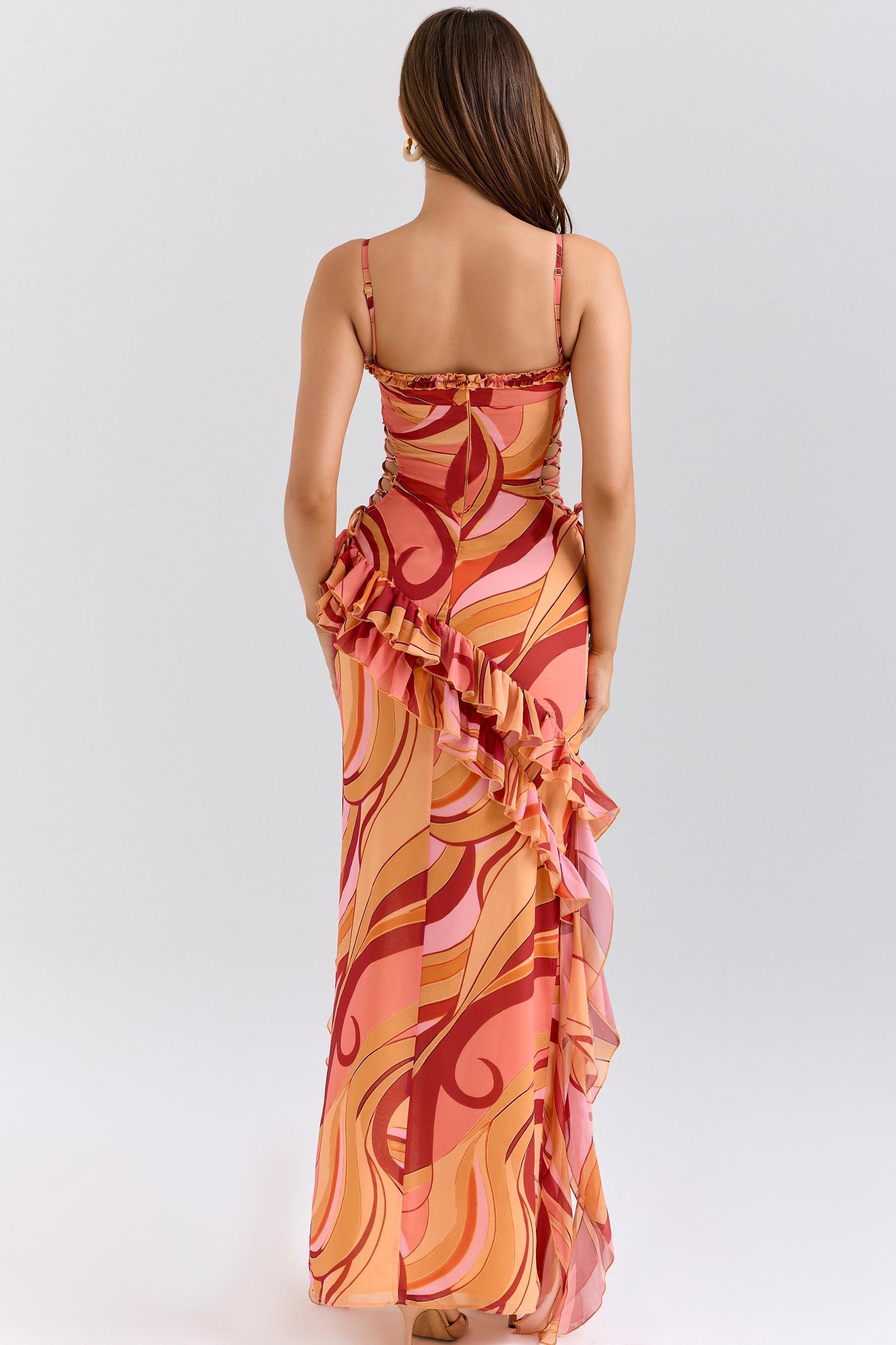 Lumira  sunset swirl print ruffle cut out maxi dress Product Image
