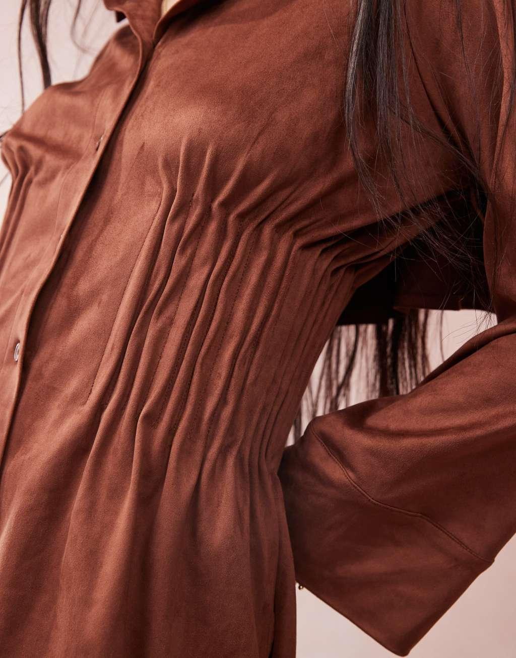 ASOS DESIGN suedette shirt mini dress with cinched pleat waist in chocolate Product Image