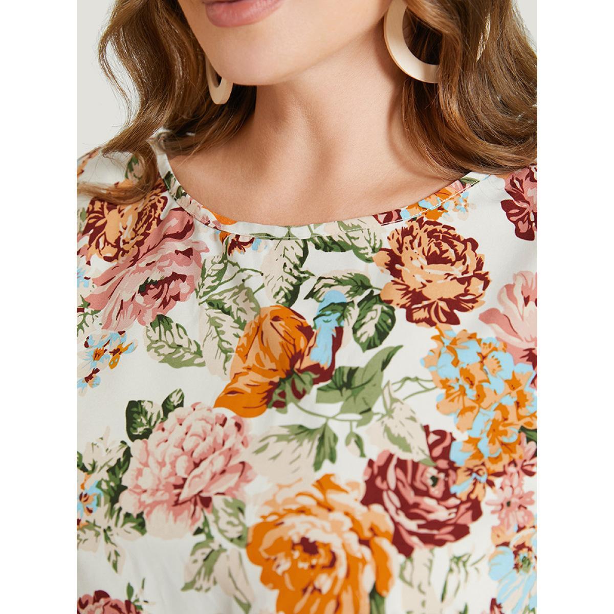 Plus Size Multicolor Floral Print Hanky Hem Blouse Women Elegant Short sleeve Round Neck Dailywear Blouses BloomChic 18-20/2X Product Image