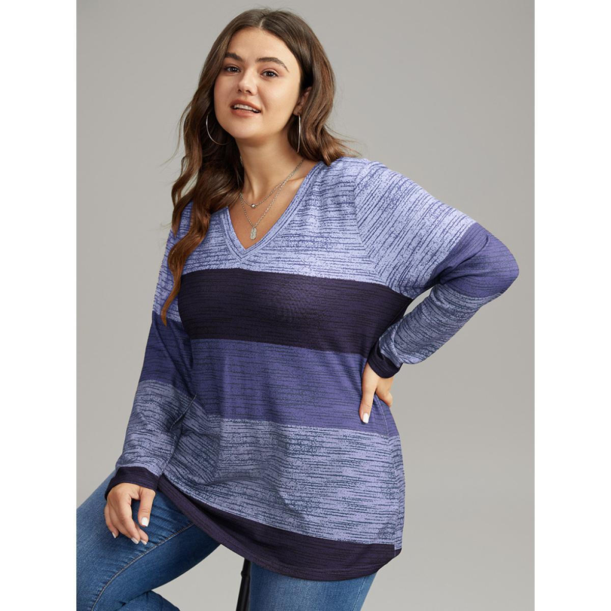 Plus Size Striped Colorblock Contrast V Neck T-shirt Blue Women Casual Contrast Colorblock V-neck Everyday T-shirts BloomChic 14-16/1X Product Image