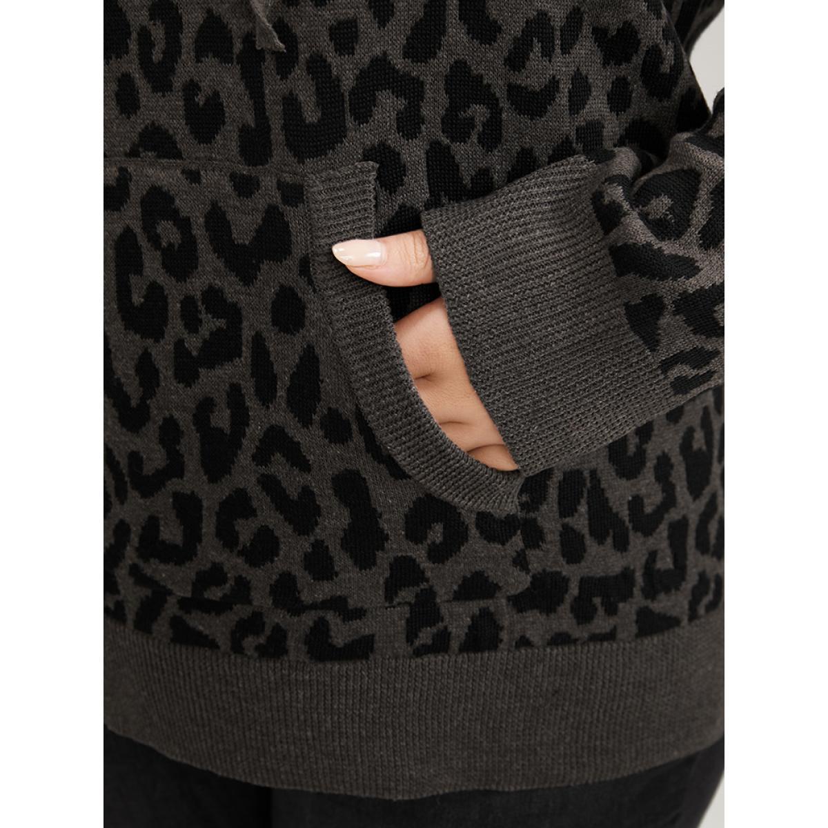 Plus Size Leopard Contrast Pointelle Knit Pocket Drawstring Hooded Knit Top DimGray Women Casual Long Sleeve Hooded Dailywear Pullovers BloomChic 22-24/3X Product Image