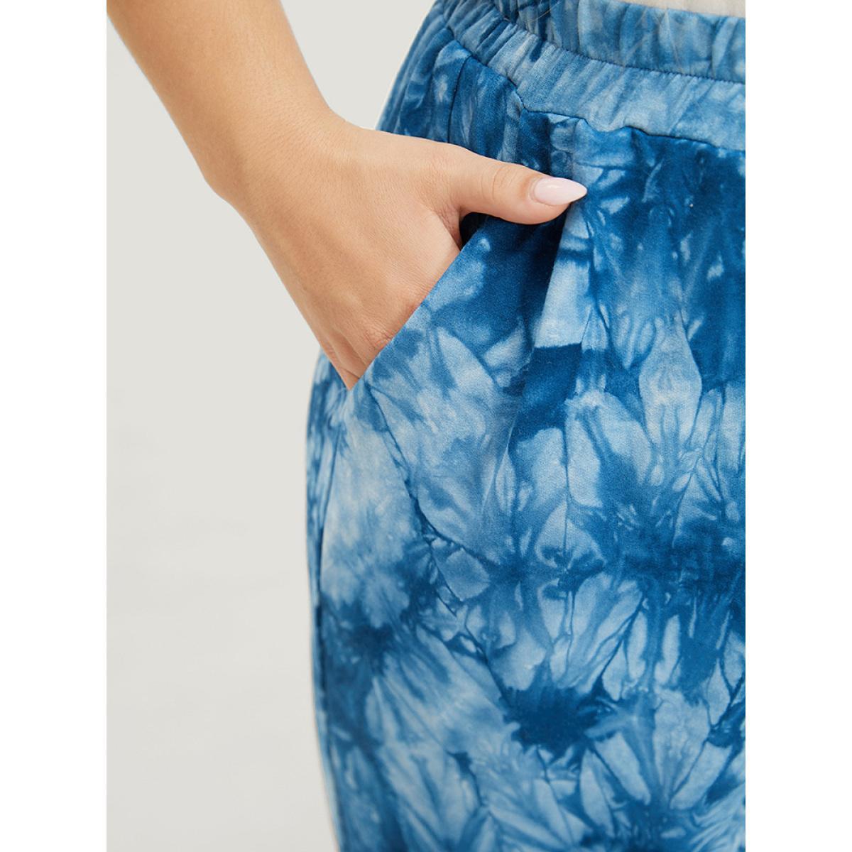 Plus Size Tie Dye Pocket Cut Out Knotted Hem Pants Women Blue Casual Mid Rise Dailywear Pants BloomChic 22-24/3X Product Image