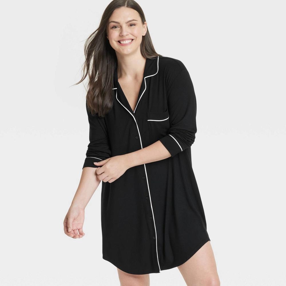 Womens Cloud Knit Notch Collar Long Sleeve NightGown - Auden Black M: Modal-Spandex Blend, Front Button Down, Banded Cuff Product Image