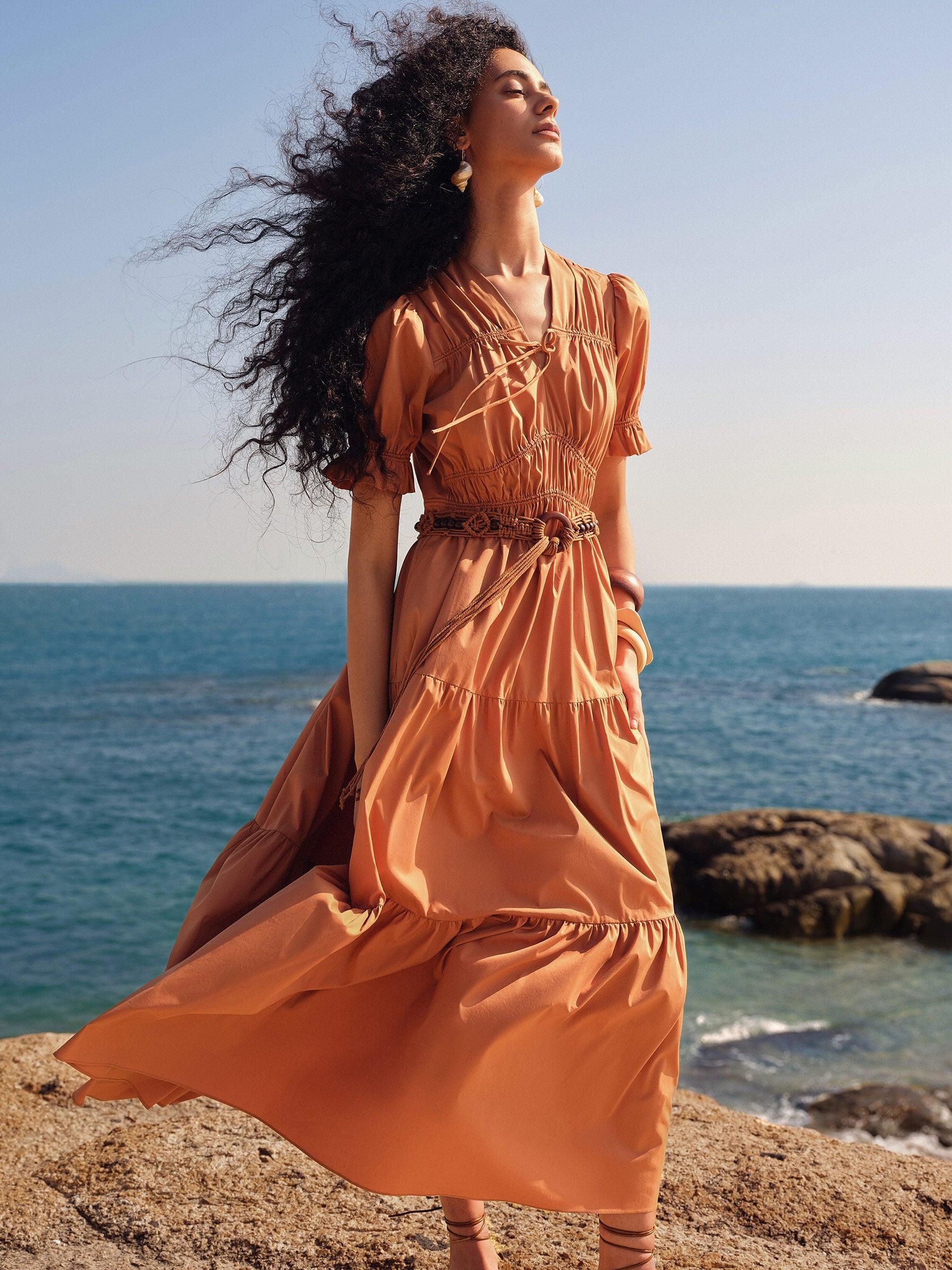 Drawstring Tie Front Women Tiered Maxi Dress Product Image