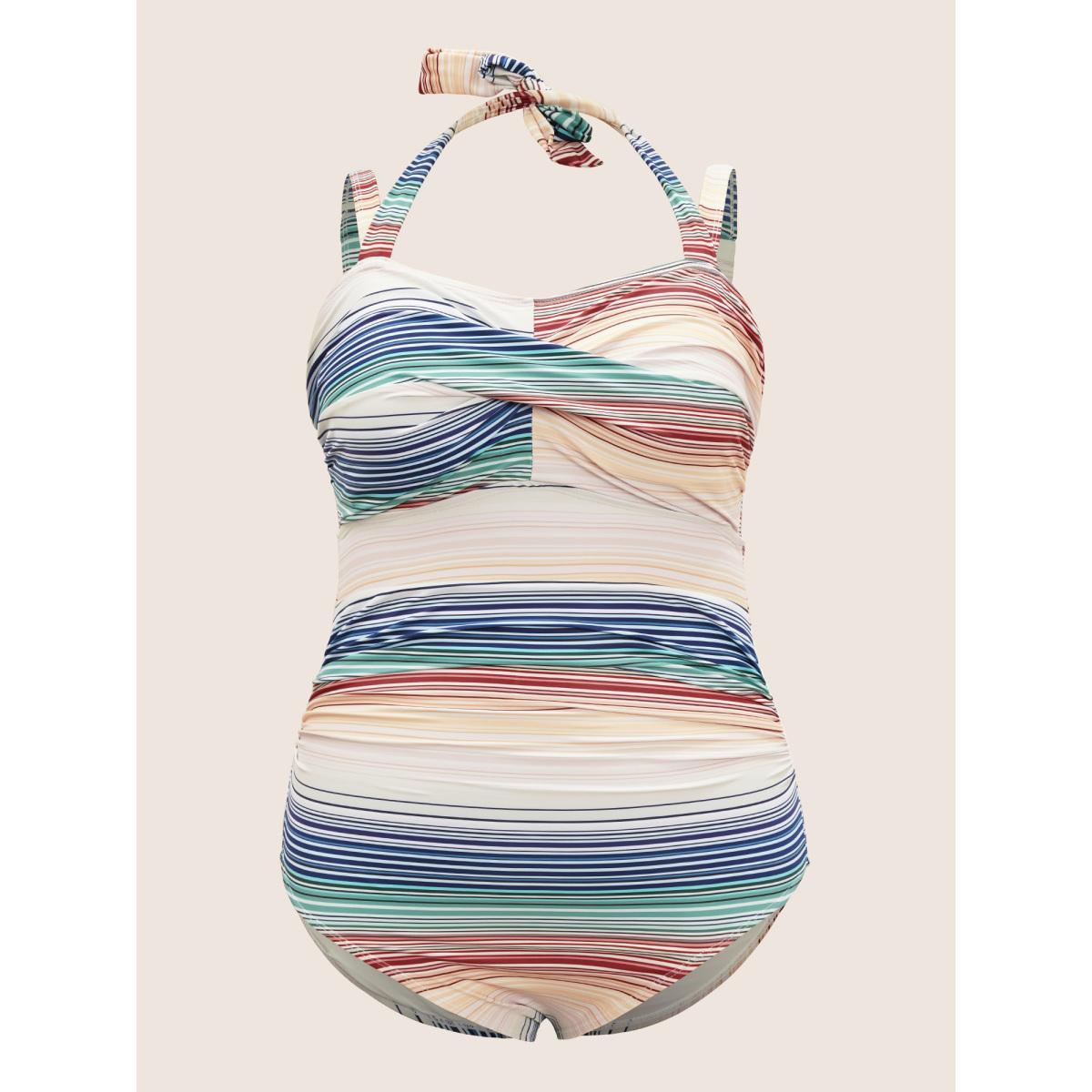 Plus Size Color Striped Crossover Gathered One Piece Swimsuit Women's Swimwear Multicolor Beach Twist Curve Bathing Suits High stretch One Pieces BloomChic 14-16/1X Product Image
