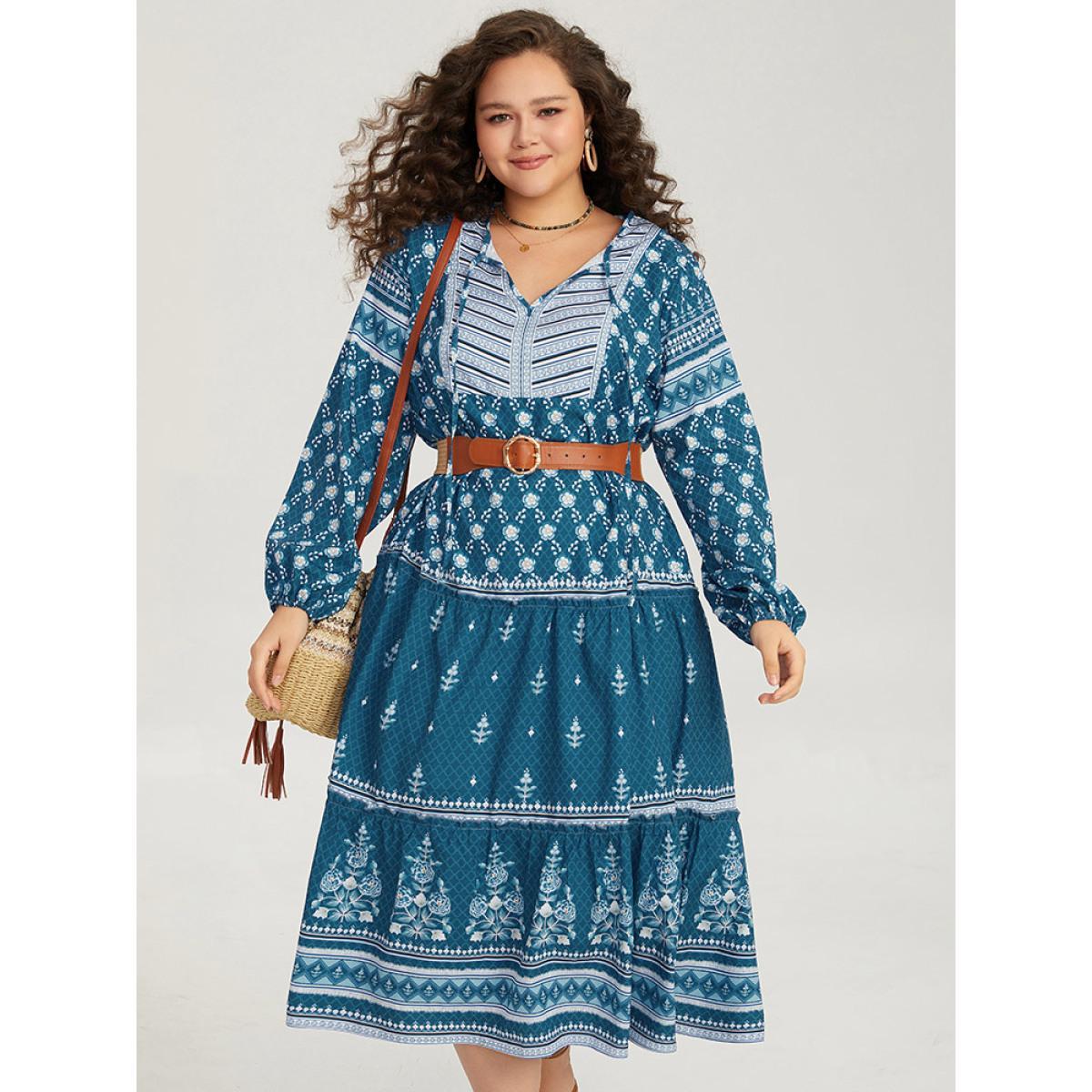 Plus Size Bandana Print Knot Neck Lantern Sleeve Dress Aegean Women Vacation Elastic cuffs Tie Neck Long Sleeve Curvy Midi Dress BloomChic 10/M Product Image