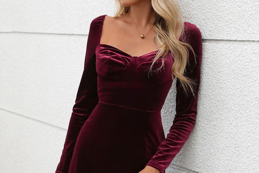 Long Sleeve Square Neck Velvet Midi Bodycon Dress Product Image
