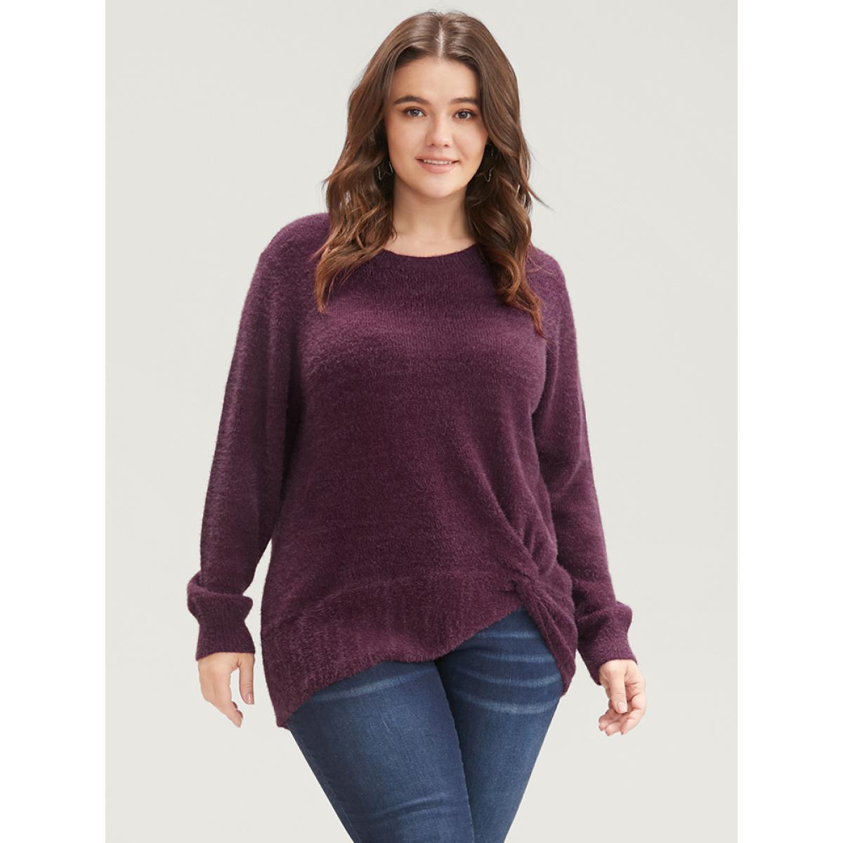 Plus Size Solid Soft Sexy Yarn Knit Twist Front Fluffy Knit Top Burgundy Women Elegant Loose Long Sleeve Round Neck Dailywear Pullovers BloomChic 12/L Product Image