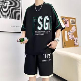 Set: 3/4-Sleeve Crew Neck Lettering Print T-Shirt + Drawstring Waist Wide Leg Sweat Shorts Product Image