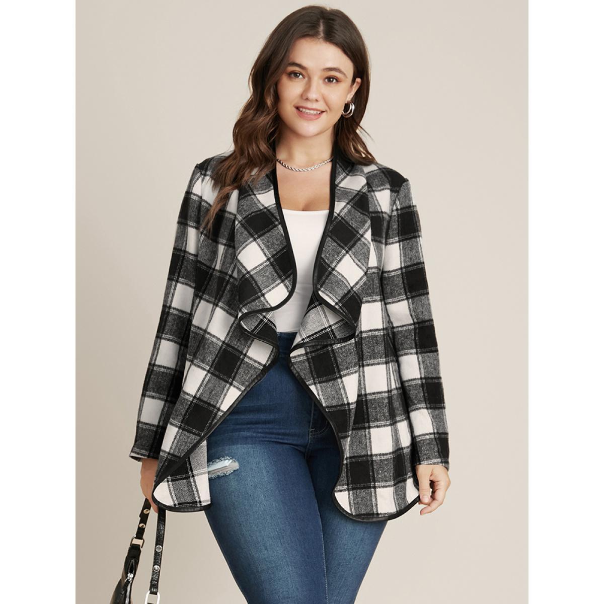 Plus Size Plaid Waterfall Collar Open Front Coat Women Black Elegant Asymmetrical Loose Ladies Dailywear Winter Coats BloomChic 30/6X Product Image
