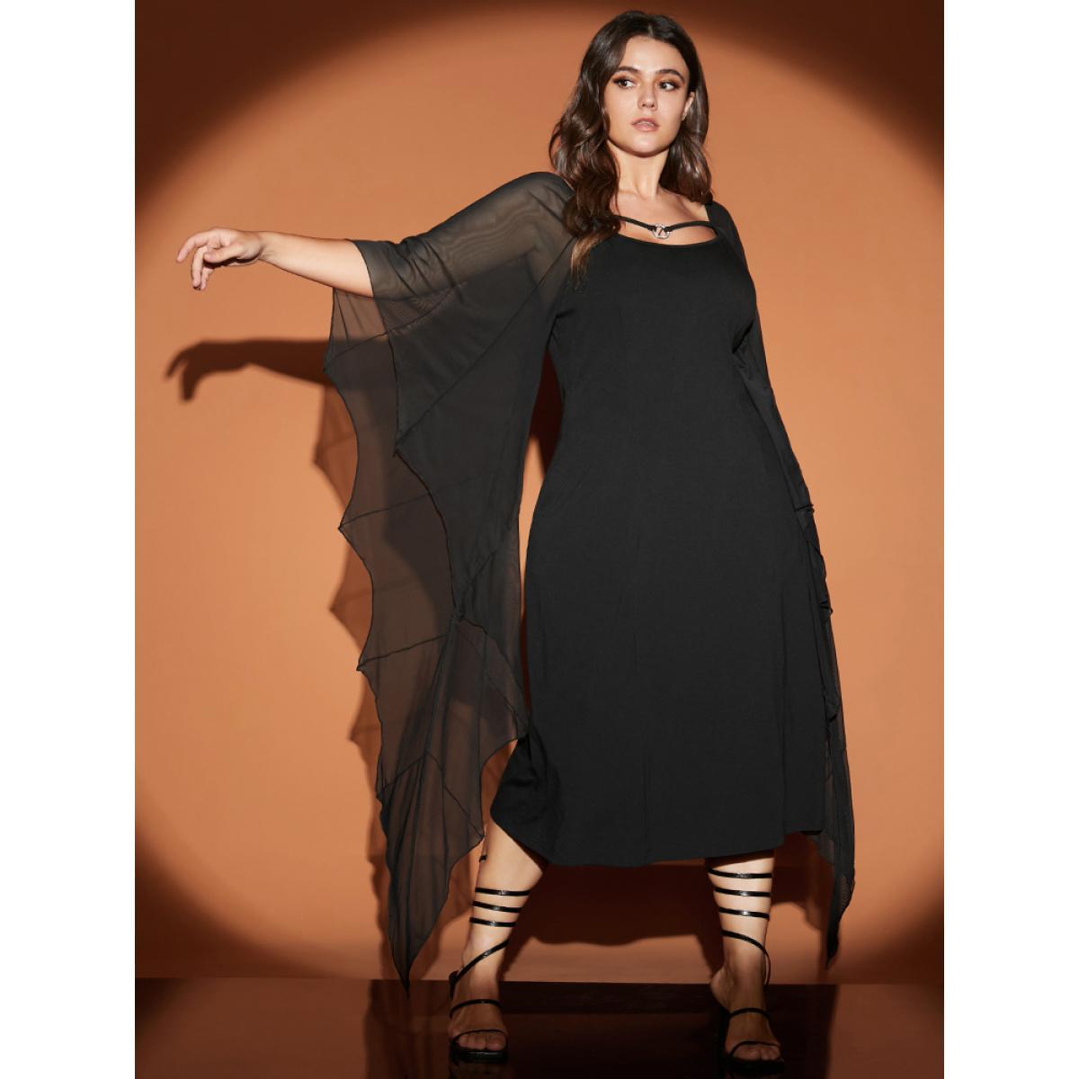 Plus Size Halloween Asymmetrical Dolman Sleeve Backless Ties Neck Bodycon Dress Black Women Glamour Patchwork Square Neck Extra Long Sleeve Curvy Midi Dress BloomChic 26/4X Product Image