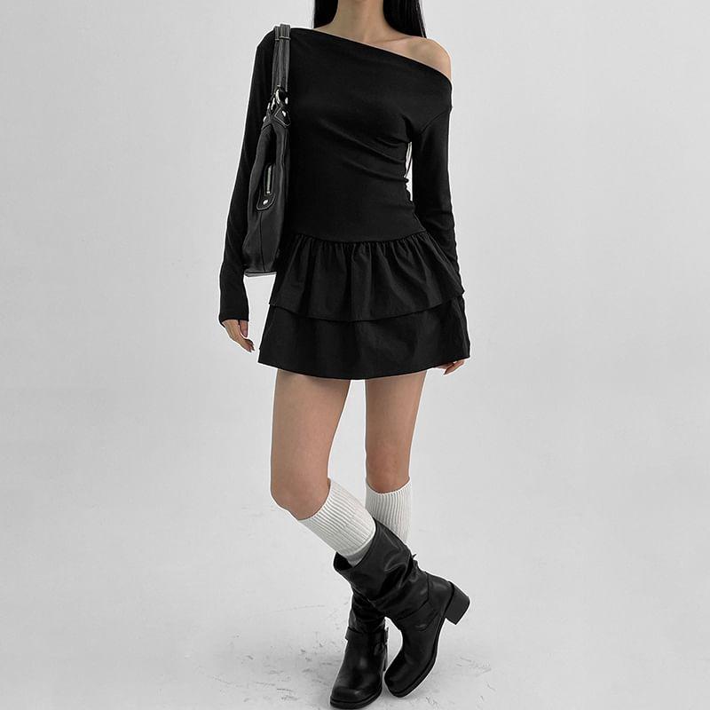 Long-Sleeve Off Shoulder Plain Mini A-Line Dress Product Image