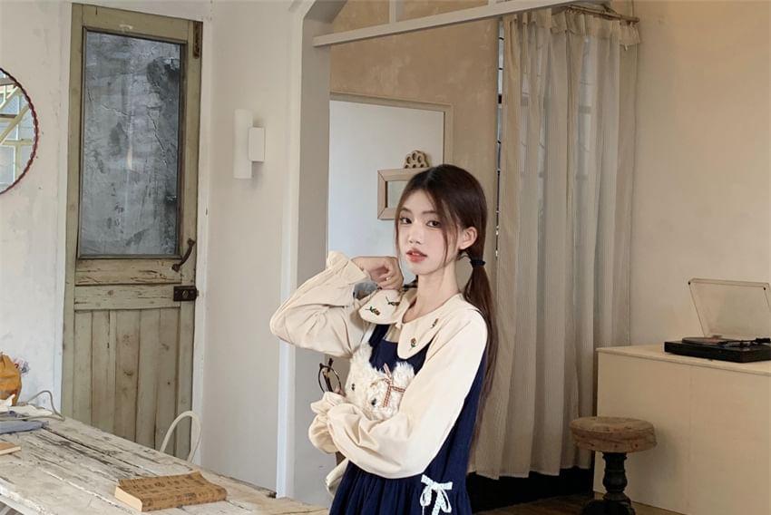 Bear Embroidered Midi Jumper Dress / Flower Embroidered Shirt Product Image