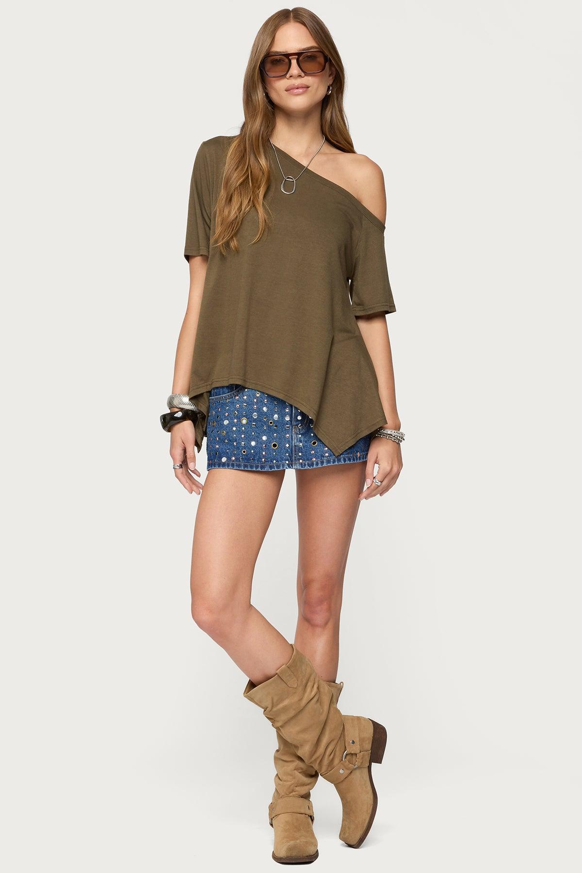 Studded Grommet Denim Mini Skort Product Image