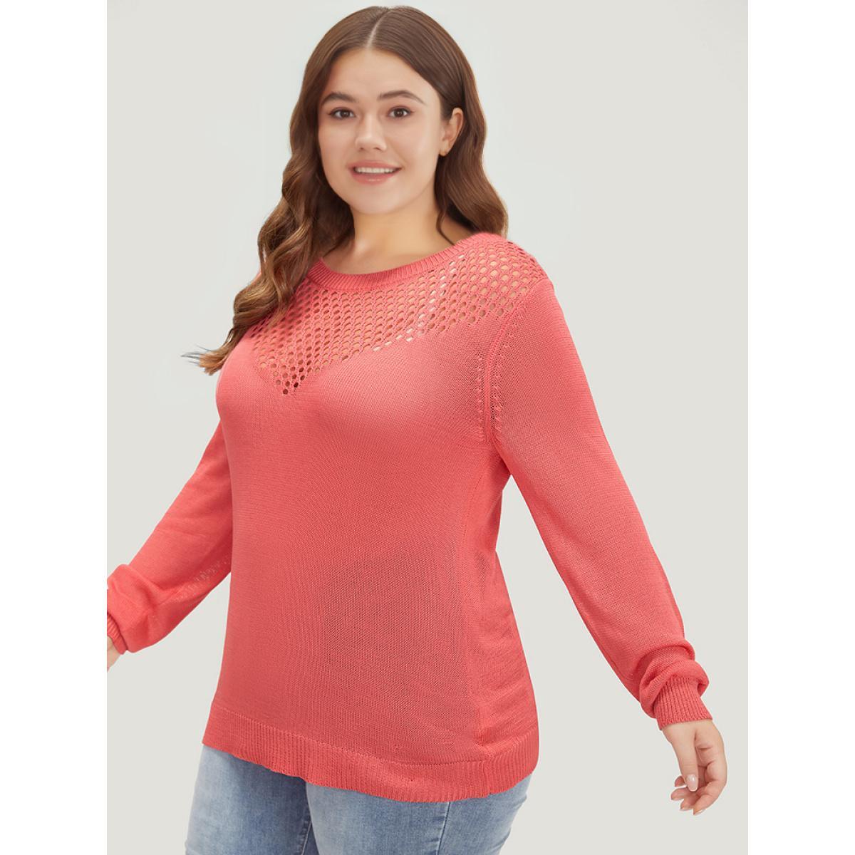 Plus Size Plain Patchwork Cut Out Round Neck Pullover Watermelon Women Casual Bodycon Long Sleeve Round Neck Everyday Pullovers BloomChic 28/5X Product Image